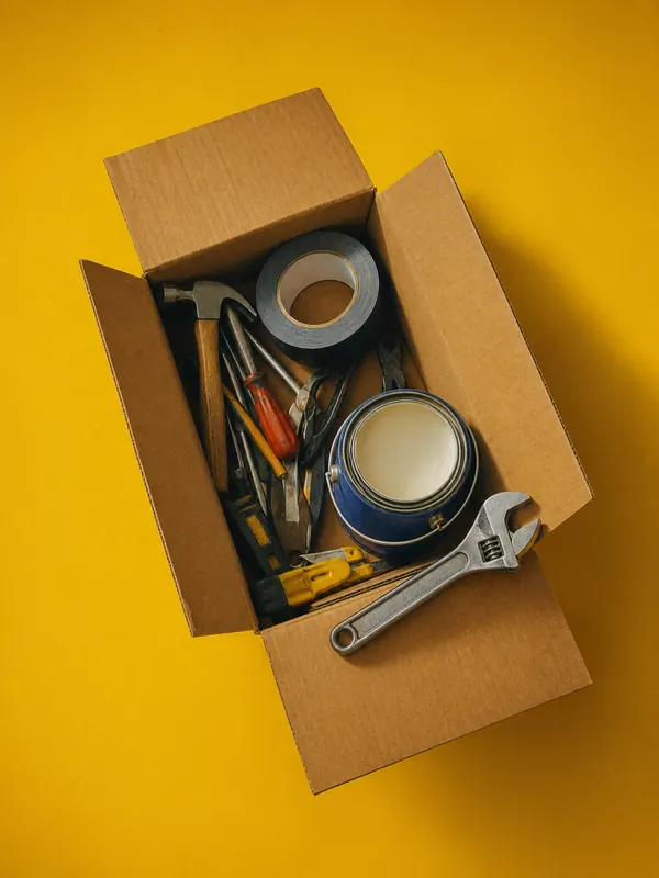 Caja de cartón con herramientas, cinta americana y un bote de pintura