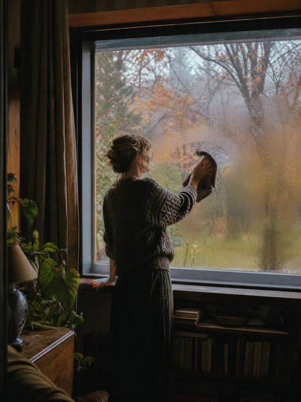 Mujer limpiando la condensación de una ventana