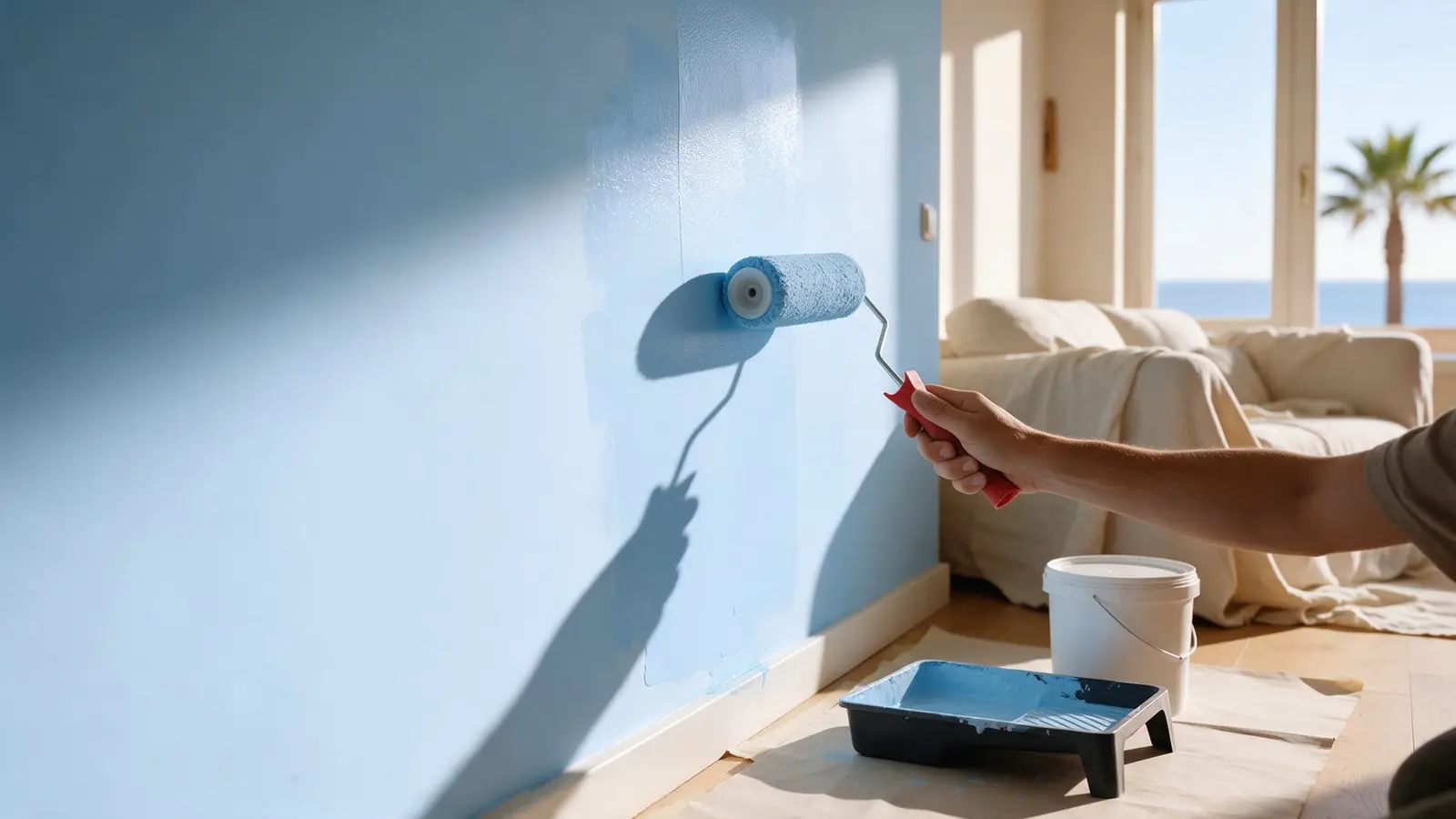 Pintando de azul suave una pared de salón con luz mediterránea