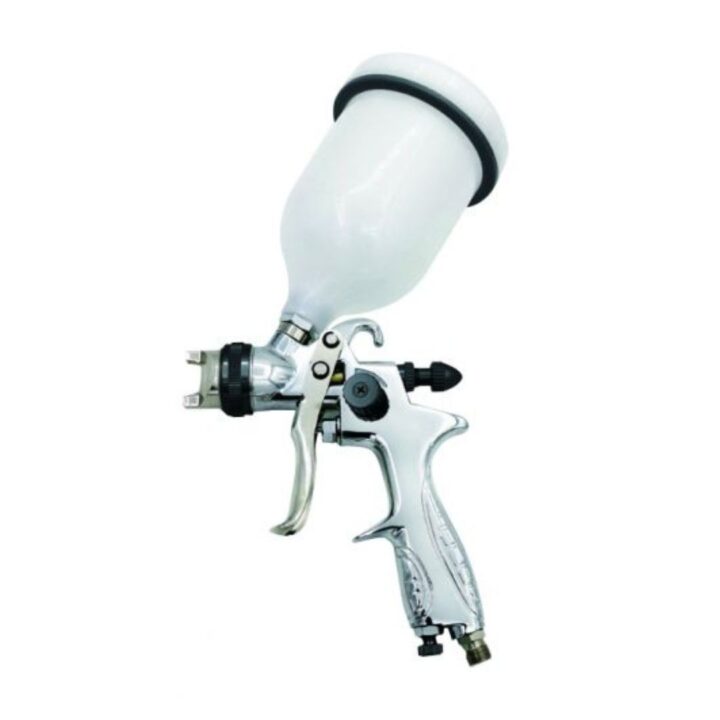 Pistola de pintar profesional cuerpo de acero y aluminio, depósito superior nylon 600c.c. Conexión rápida. Abanico 160-225mm, con regulación de aire y de material , boquilla de estándar en dotación 1,7mm