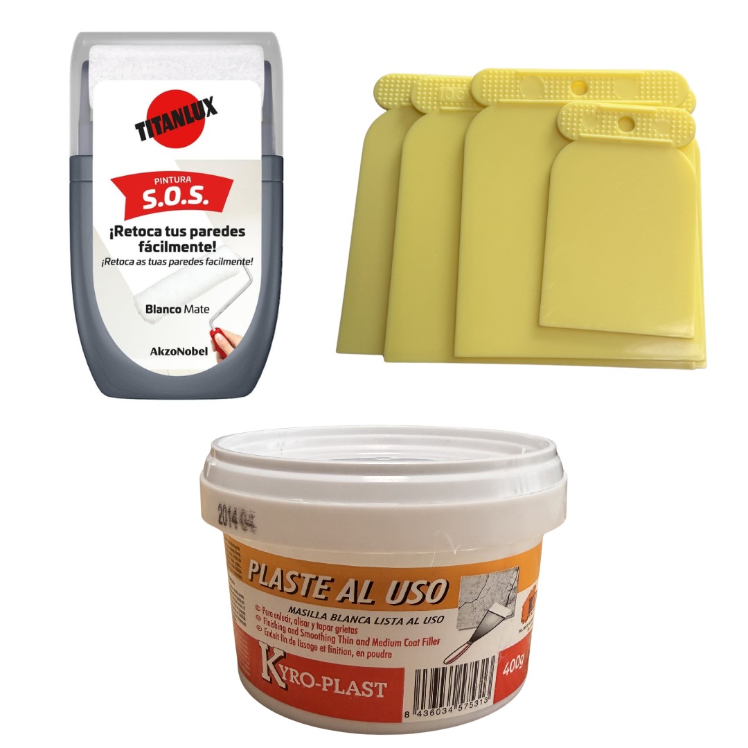 Pack reparación y retoque de paredes Droguemar: Masilla 400 gr + Mini Rodillo + Espátulas Jeivsa