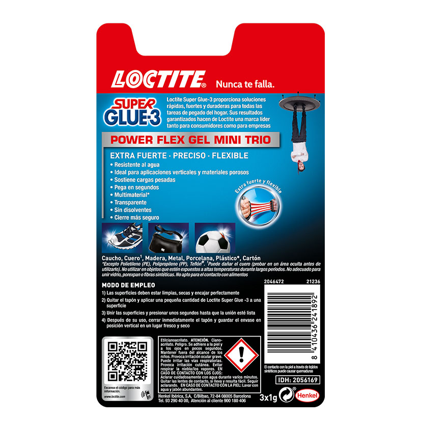 Loctite Super Glue 3 Power Gel Mini Trio Adhesivo instantáneo máxima flexibilidad en formato 3 monodosis 1gr - Imagen 3