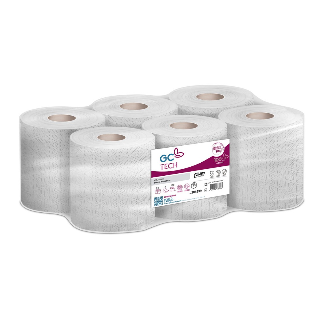 Pack de 6 Bobinas Papel Secamanos Reciclado Tipo Mecha 2 Capas 353 Usos 106m Ecolabel FSC