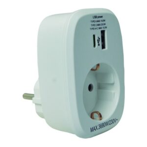 Adaptador de enchufe DUOLEC con USB-A y USB-C blanco