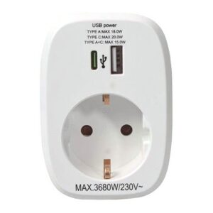 Adaptador de enchufe DUOLEC con USB-A y USB-C blanco