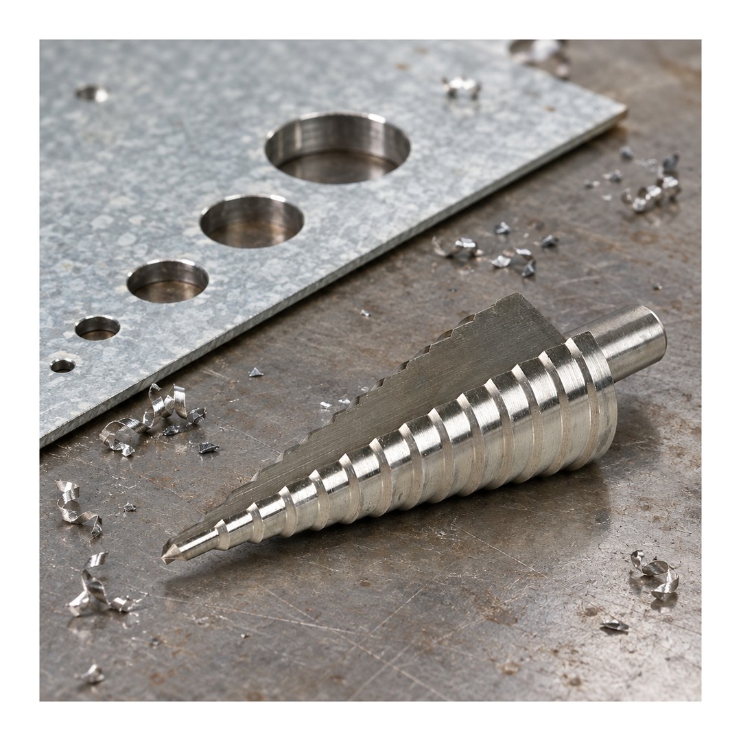 Broca escalonada Ratio MultiCut HSS junto a chapa taladrada