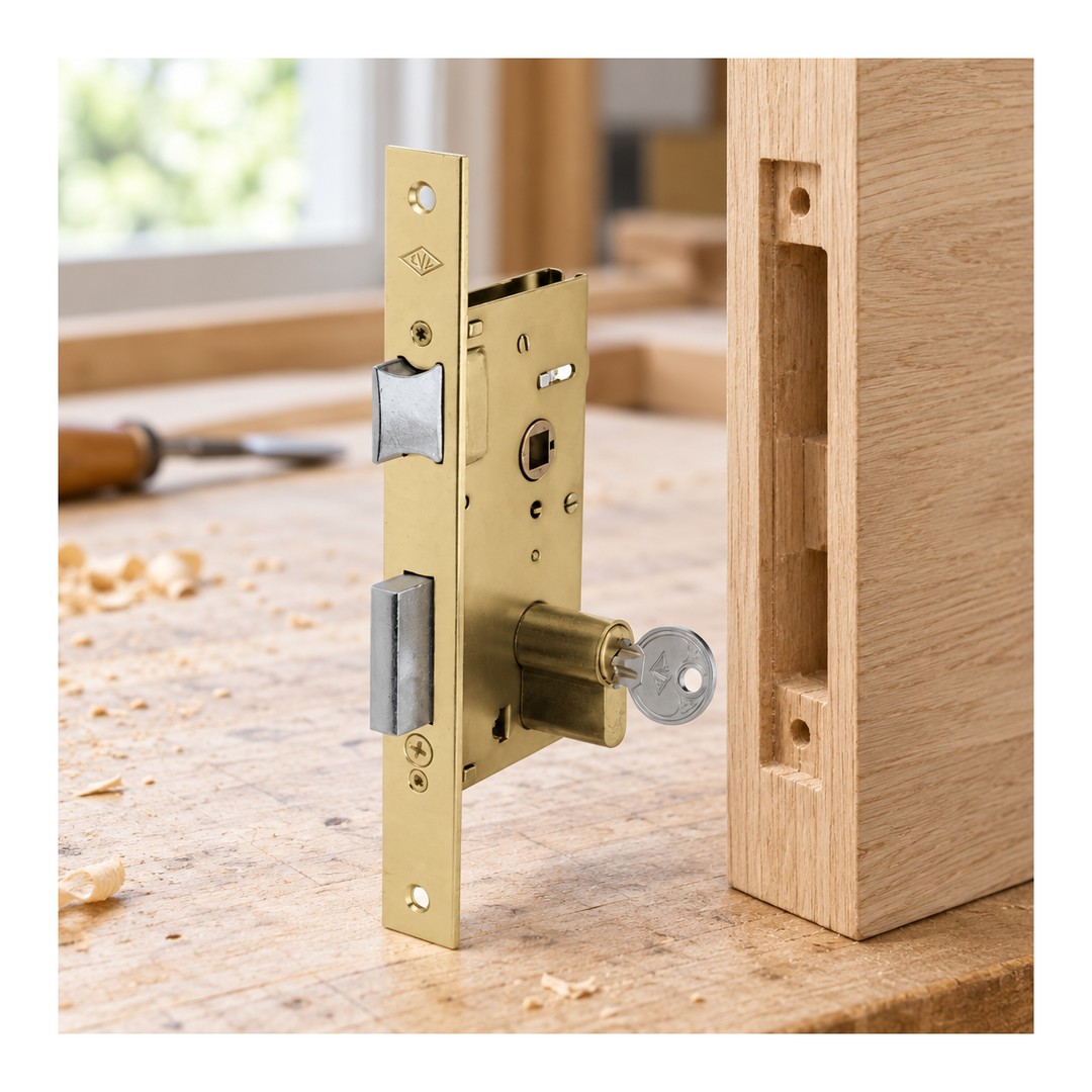 Cerradura de embutir CVL 1960/60/2 para puerta de madera latonada