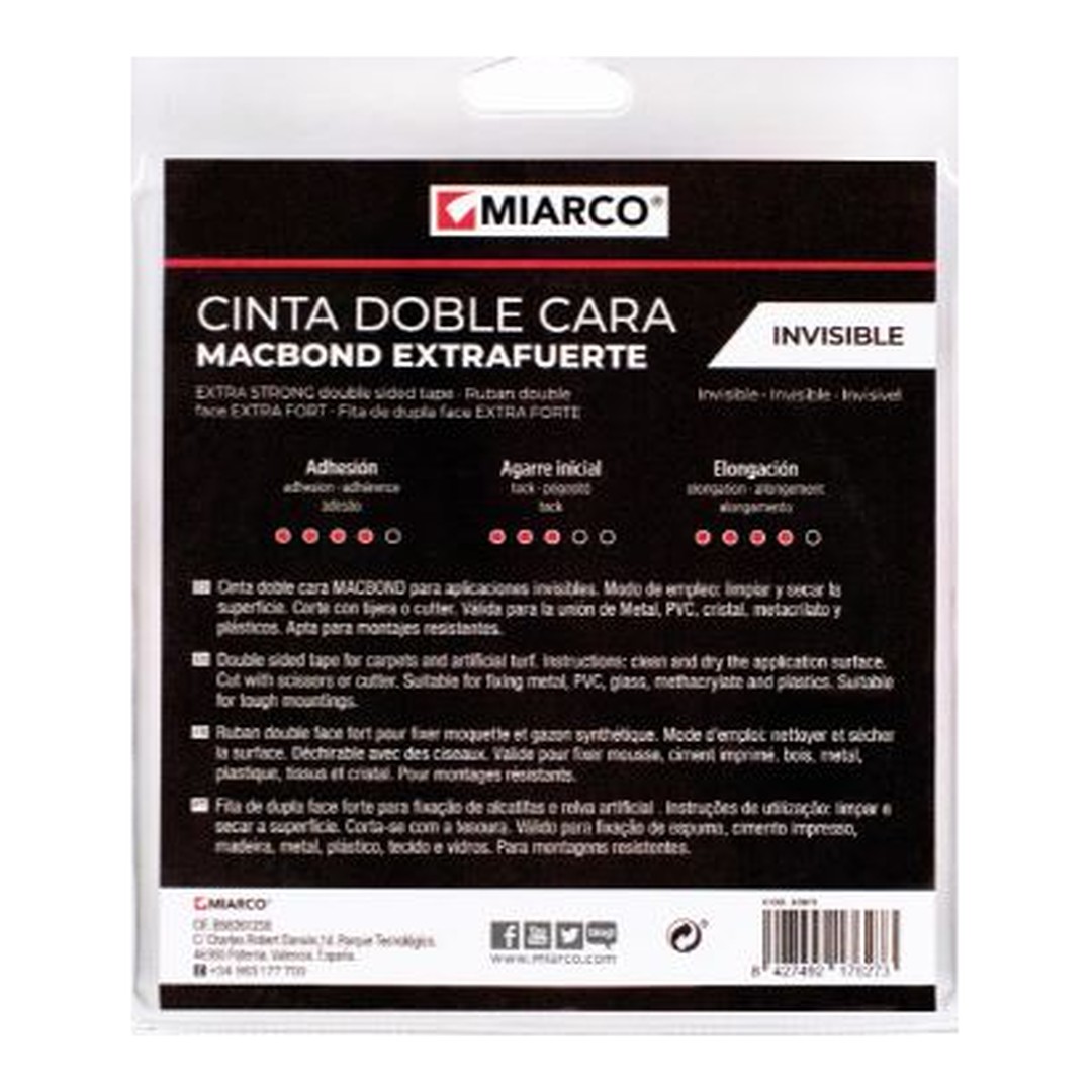 Cinta doble cara Miarco Macbond extrafuerte invisible 19 mm x 8,25 m