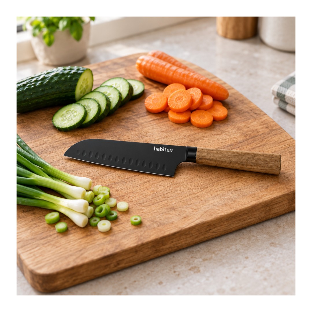 Cuchillo Santoku Habitex Dark 18 cm sobre tabla de cortar con verduras