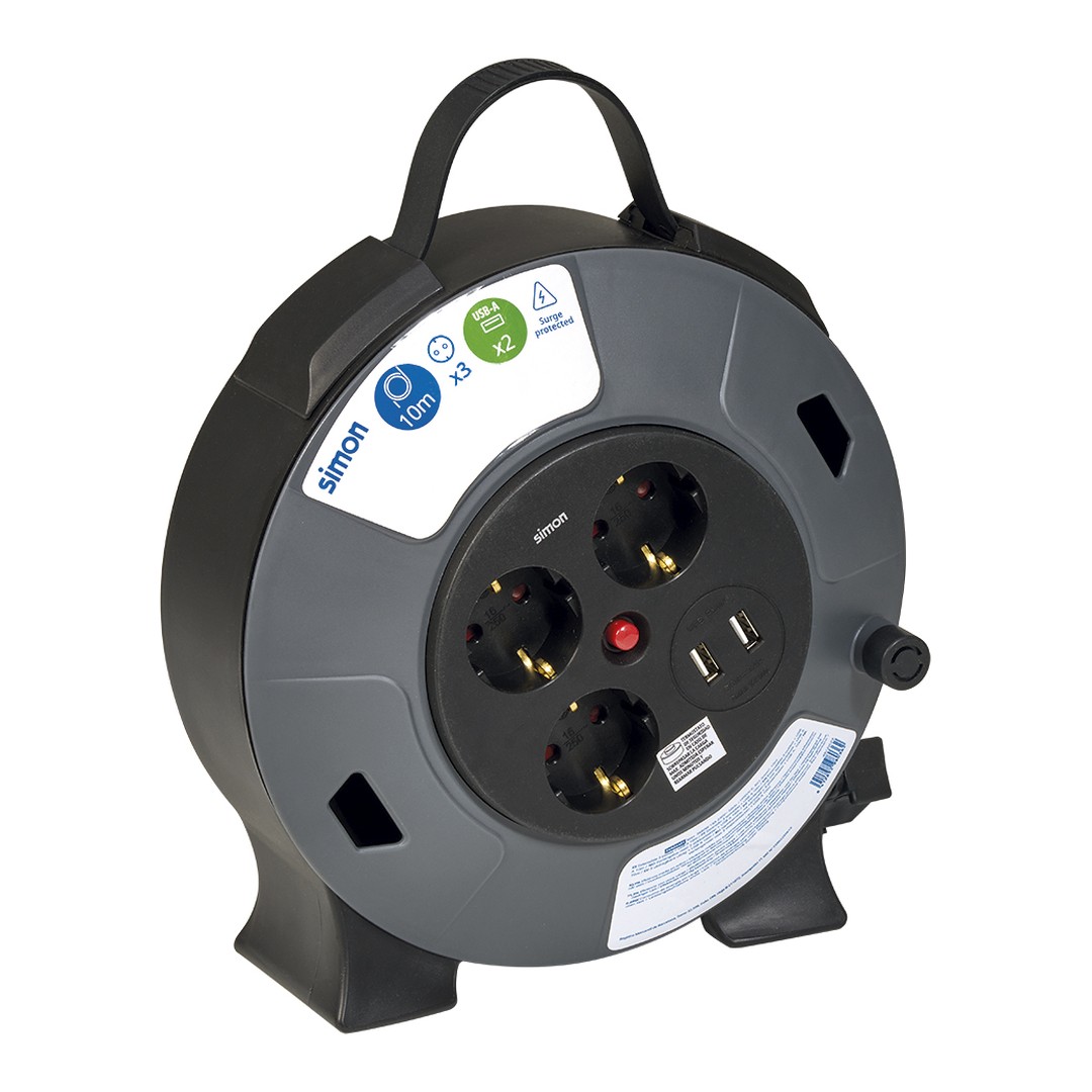Enrollacable doméstico Simon 3 tomas y 2 USB-A 10 m
