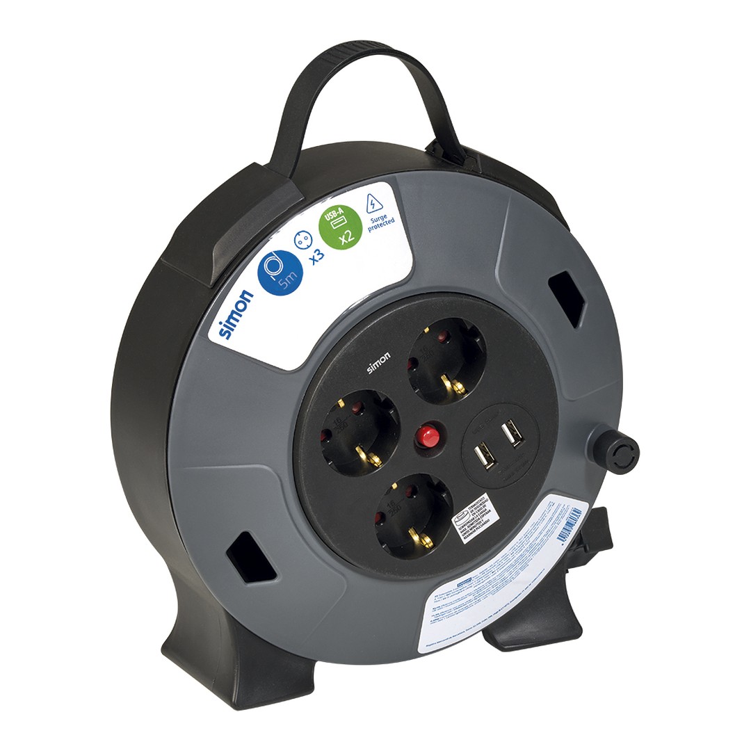 Enrollacable doméstico Simon 3 tomas y 2 USB-A 5 m