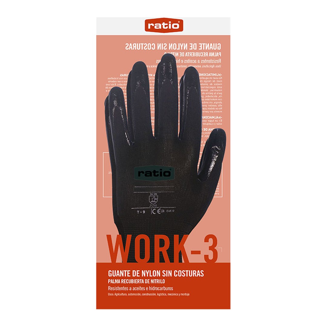 Guantes RATIO Work-3 nylon con palma de nitrilo negro bolsa