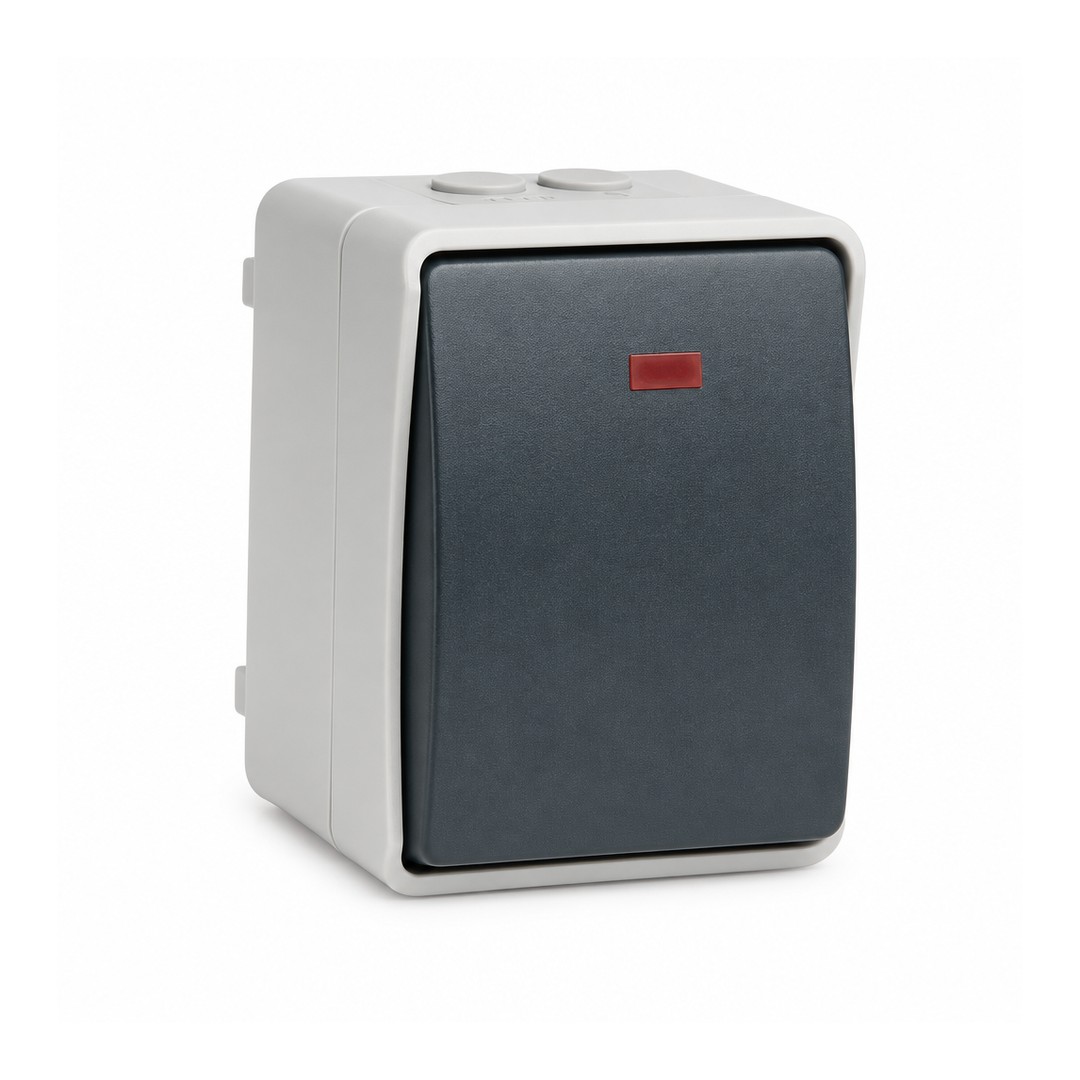 Pulsador con luz de superficie estanco IP44 SIMON Atlantis gris