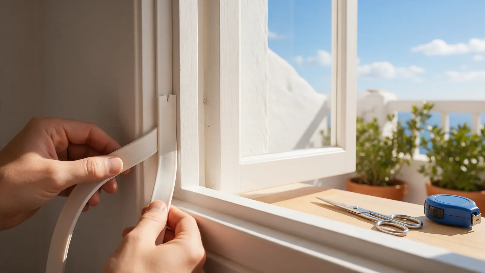 Manos colocando un burlete adhesivo en el marco de una ventana en una casa mediterránea