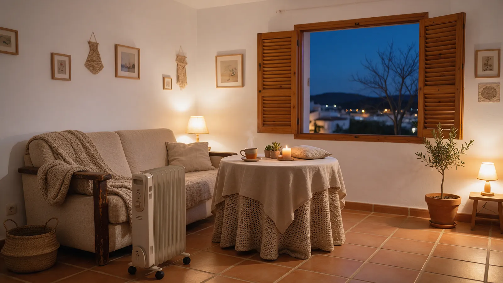 Salón mediterráneo con radiador de aceite y mesa camilla en una tarde de invierno