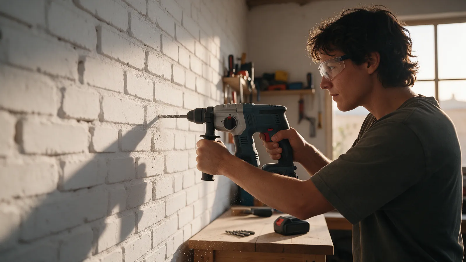 Persona taladrando una pared de ladrillo con un taladro percutor a batería y gafas de protección