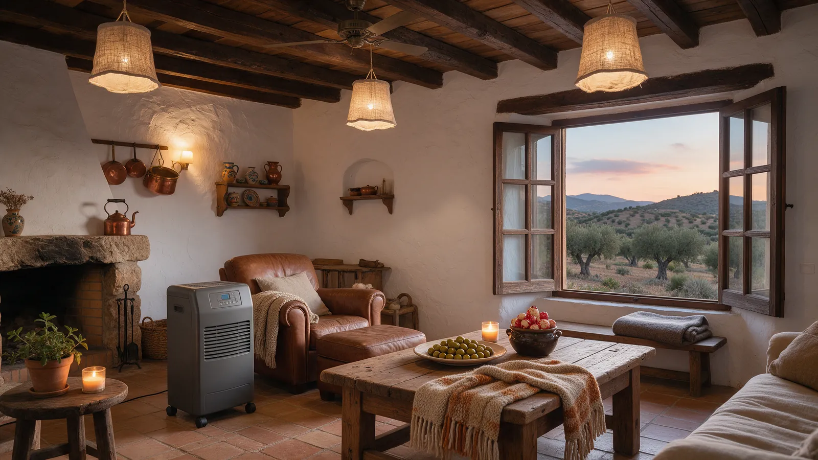 Estufa portátil en el salón de un cortijo almeriense con la ventana entreabierta para ventilar