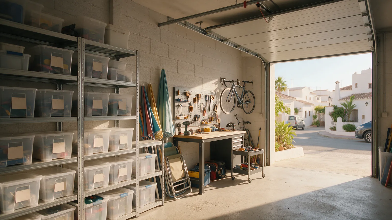 Garaje ordenado con estanterías metálicas, banco de trabajo, bicicletas colgadas y sombrillas guardadas