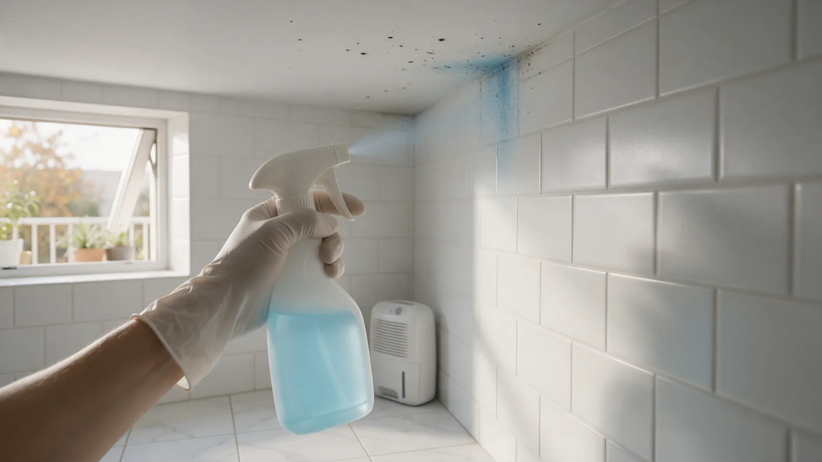 Mano con guante aplicando limpiador antimoho en la esquina de un baño junto a una ventana abierta
