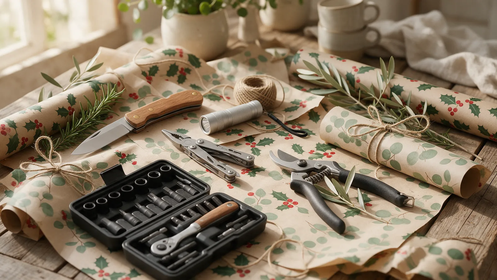 Herramientas para regalar en Navidad sobre una mesa de madera con papel de regalo y ramas de olivo